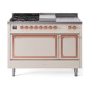 ILVE 48-Inch Nostalgie II Noblesse Natural Gas Dual Fuel Range with 5 Sealed Burners, Griddle, French Top and Solid Door Oven in Antique White with Copper Trim (UN48FSQNMPAWP)