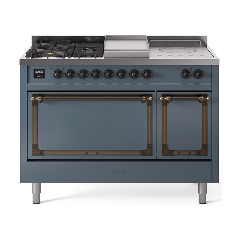 Blue-gray dual fuel range with bronze-trim doors, sealed burners and control knobs
