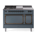 ILVE 48-Inch Nostalgie II Noblesse Propane Gas Dual Fuel Range with 5 Sealed Burners, Griddle, French Top and Solid Door Oven in Blue Grey with Bronze Trim (UN48FSQNMPBGBLP)