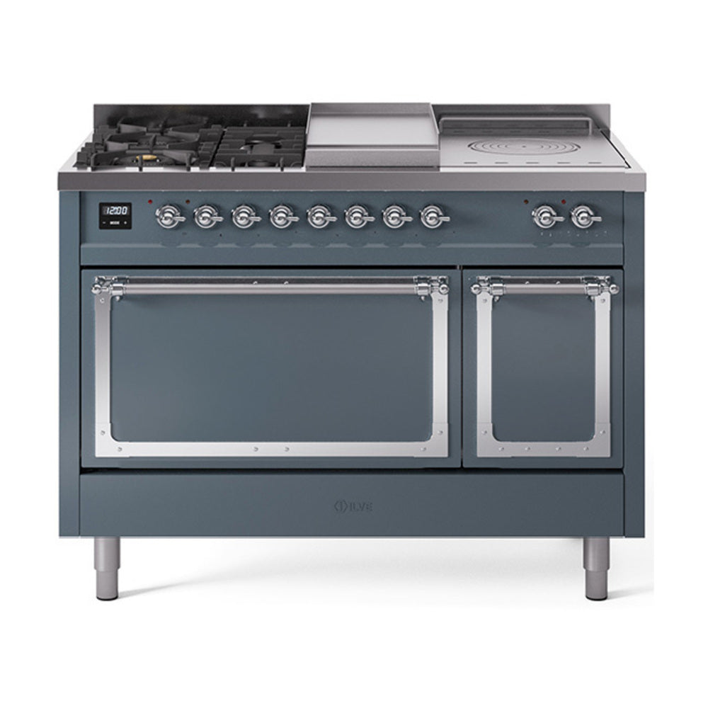 Blue grey gas dual-fuel range with chrome trim, five sealed burners and griddle
