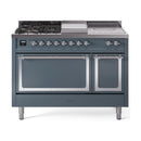 ILVE 48-Inch Nostalgie II Noblesse Propane Gas Dual Fuel Range with 5 Sealed Burners, Griddle, French Top and Solid Door Oven in Blue Grey with Chrome Trim (UN48FSQNMPBGCLP)