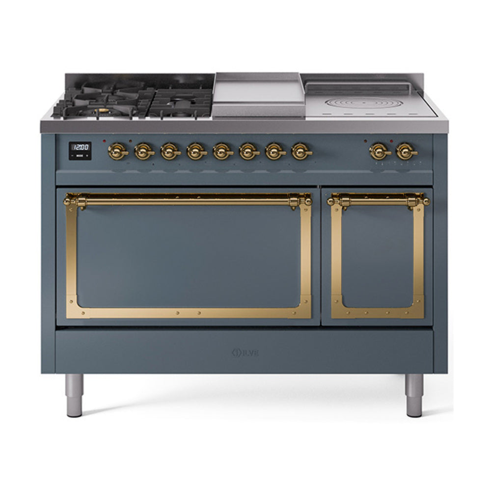 Blue grey dual fuel range with brass trim, burners, griddle and French top