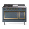 ILVE 48-Inch Nostalgie II Noblesse Natural Gas Dual Fuel Range with 5 Sealed Burners, Griddle, French Top and Solid Door Oven in Blue Grey with Brass Trim (UN48FSQNMPBGG)