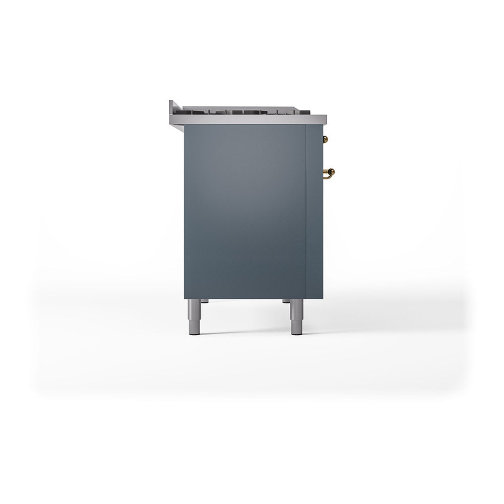 Blue-gray range side view with solid oven door and brass-trimmed hinges