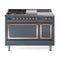 ILVE 48-Inch Nostalgie II Noblesse Natural Gas Dual Fuel Range with 5 Sealed Burners, Griddle, French Top and Solid Door Oven in Blue Grey with Copper Trim (UN48FSQNMPBGP)