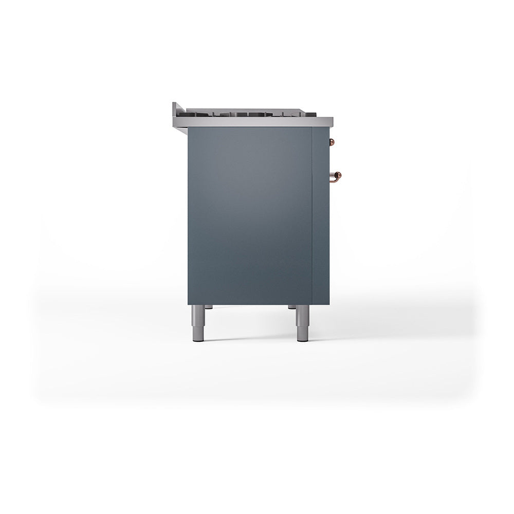 Blue-grey gas range side panel with copper-colored connections and four leveling feet