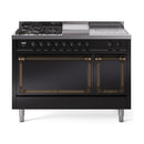 ILVE 48-Inch Nostalgie II Noblesse Propane Gas Dual Fuel Range with 5 Sealed Burners, Griddle, French Top and Solid Door Oven in Glossy Black with Bronze Trim (UN48FSQNMPBKBLP)