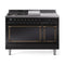 ILVE 48-Inch Nostalgie II Noblesse Natural Gas Dual Fuel Range with 5 Sealed Burners, Griddle, French Top and Solid Door Oven in Glossy Black with Bronze Trim (UN48FSQNMPBKB)