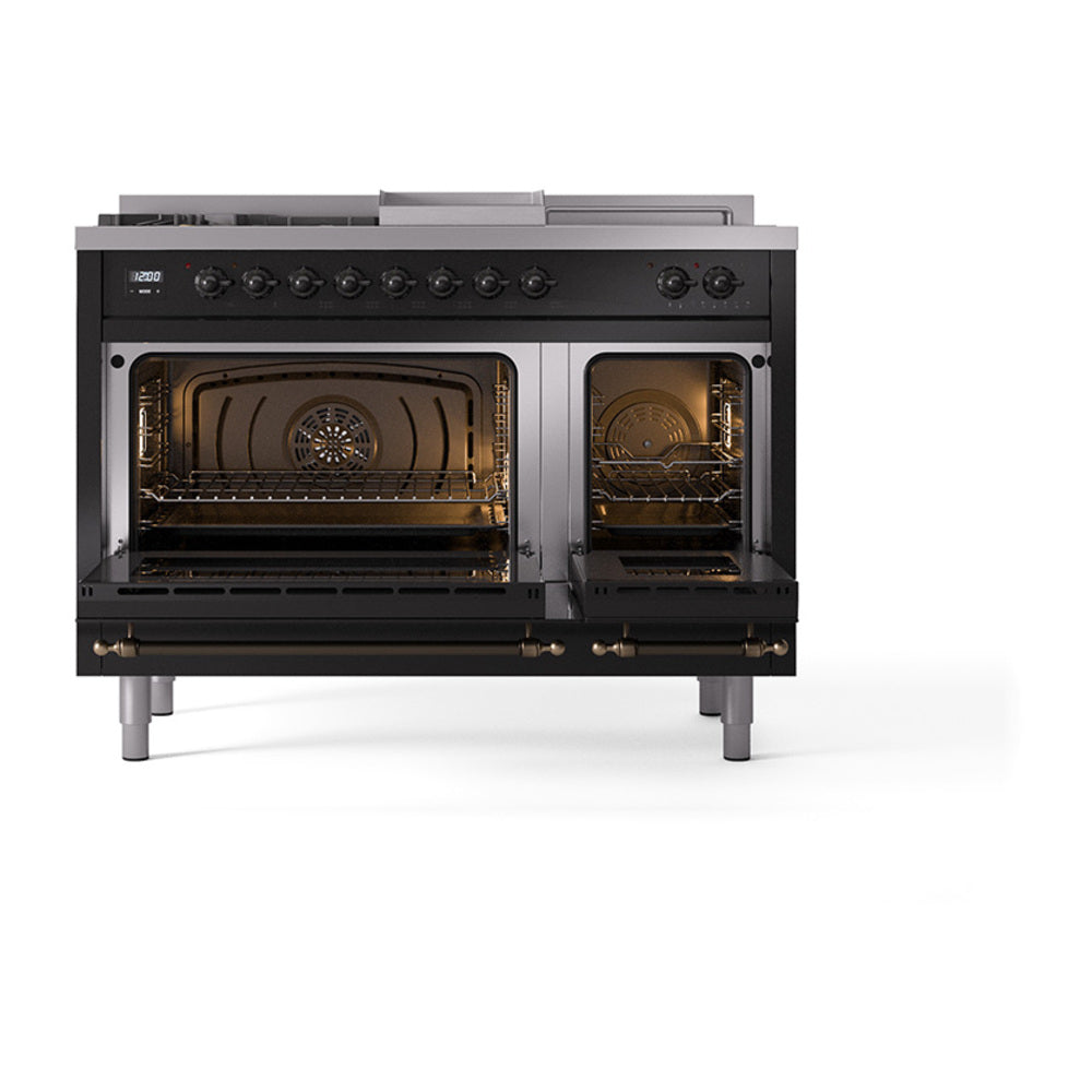 ILVE dual fuel range with oven doors open, showing dual oven interiors and control knobs