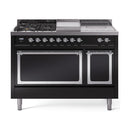 ILVE 48-Inch Nostalgie II Noblesse Propane Gas Dual Fuel Range with 5 Sealed Burners, Griddle, French Top and Solid Door Oven in Glossy Black with Chrome Trim (UN48FSQNMPBKCLP)