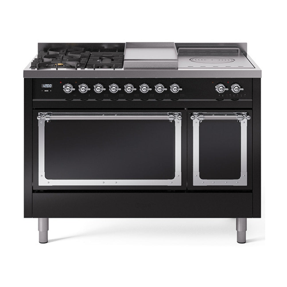 Glossy black dual-fuel range with chrome trim, griddle top, and two solid oven doors