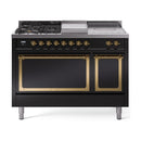 ILVE 48-Inch Nostalgie II Noblesse Natural Gas Dual Fuel Range with 5 Sealed Burners, Griddle, French Top and Solid Door Oven in Glossy Black with Brass Trim (UN48FSQNMPBKG)