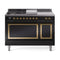 ILVE 48-Inch Nostalgie II Noblesse Natural Gas Dual Fuel Range with 5 Sealed Burners, Griddle, French Top and Solid Door Oven in Glossy Black with Brass Trim (UN48FSQNMPBKG)