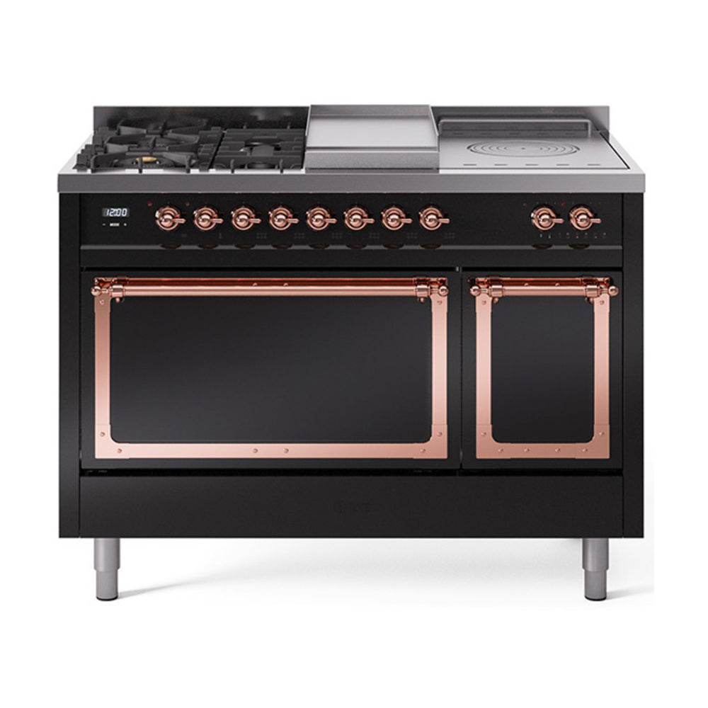 Glossy black dual-fuel range with copper-trim control knobs, burners, griddle and two doors
