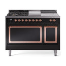 ILVE 48-Inch Nostalgie II Noblesse Natural Gas Dual Fuel Range with 5 Sealed Burners, Griddle, French Top and Solid Door Oven in Glossy Black with Copper Trim (UN48FSQNMPBKP)