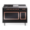 ILVE 48-Inch Nostalgie II Noblesse Natural Gas Dual Fuel Range with 5 Sealed Burners, Griddle, French Top and Solid Door Oven in Glossy Black with Copper Trim (UN48FSQNMPBKP)