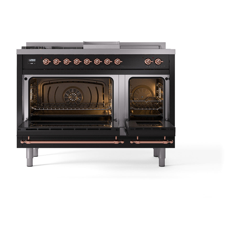 Dual-fuel range with oven doors open, copper-trim details and front burners