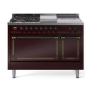 ILVE 48-Inch Nostalgie II Noblesse Natural Gas Dual Fuel Range with 5 Sealed Burners, Griddle, French Top and Solid Door Oven in Burgundy with Bronze Trim (UN48FSQNMPBUB)