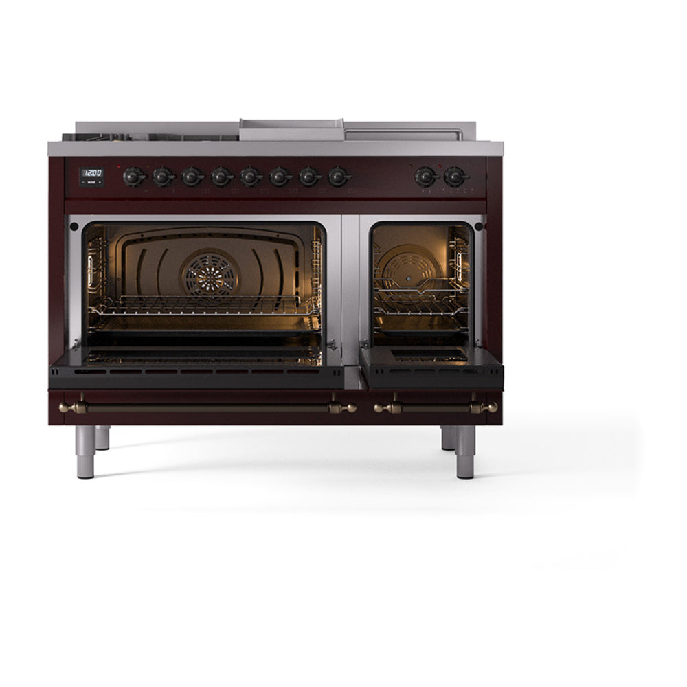 Burgundy dual-fuel range with both ovens open, showing racks and rear heating