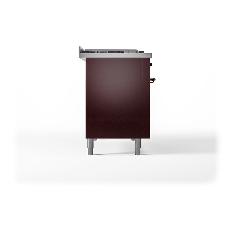 ILVE 48-Inch Nostalgie II Noblesse Dual Fuel Range with 5 Sealed Burners, Griddle, French Top and Solid Door Oven in Burgundy with Bronze Trim (UN48FSQNMPBUB)