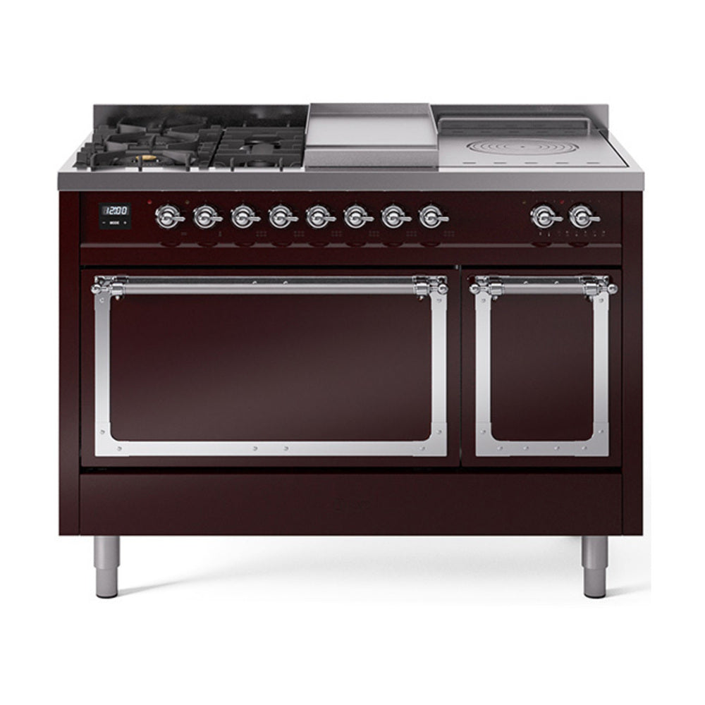 Burgundy dual fuel range with chrome trim, burner knobs, griddle and French top