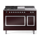 ILVE 48-Inch Nostalgie II Noblesse Propane Gas Dual Fuel Range with 5 Sealed Burners, Griddle, French Top and Solid Door Oven in Burgundy with Chrome Trim (UN48FSQNMPBUCLP)