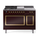 ILVE 48-Inch Nostalgie II Noblesse Natural Gas Dual Fuel Range with 5 Sealed Burners, Griddle, French Top and Solid Door Oven in Burgundy with Brass Trim (UN48FSQNMPBUG)