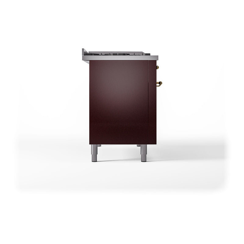 ILVE 48-Inch Nostalgie II Noblesse Dual Fuel Range with 5 Sealed Burners, Griddle, French Top and Solid Door Oven in Burgundy with Brass Trim (UN48FSQNMPBUG)