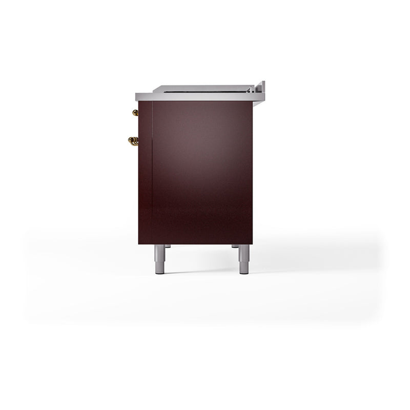ILVE 48-Inch Nostalgie II Noblesse Dual Fuel Range with 5 Sealed Burners, Griddle, French Top and Solid Door Oven in Burgundy with Brass Trim (UN48FSQNMPBUG)