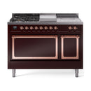 ILVE 48-Inch Nostalgie II Noblesse Propane Gas Dual Fuel Range with 5 Sealed Burners, Griddle, French Top and Solid Door Oven in Burgundy with Copper Trim (UN48FSQNMPBUPLP)