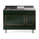 ILVE 48-Inch Nostalgie II Noblesse Propane Gas Dual Fuel Range with 5 Sealed Burners, Griddle, French Top and Solid Door Oven in Emerald Green with Bronze Trim (UN48FSQNMPEGBLP)