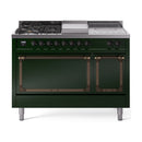 ILVE 48-Inch Nostalgie II Noblesse Natural Gas Dual Fuel Range with 5 Sealed Burners, Griddle, French Top and Solid Door Oven in Emerald Green with Bronze Trim (UN48FSQNMPEGB)