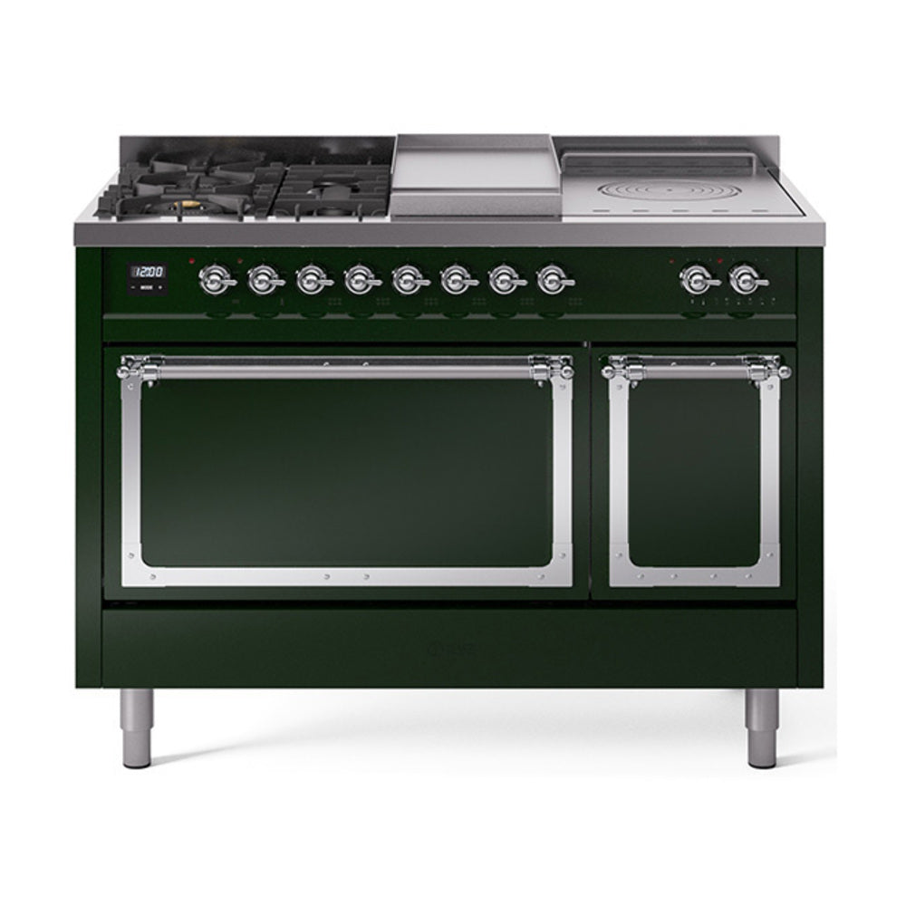 Emerald green dual fuel range with cooktop burners, griddle, and two oven doors