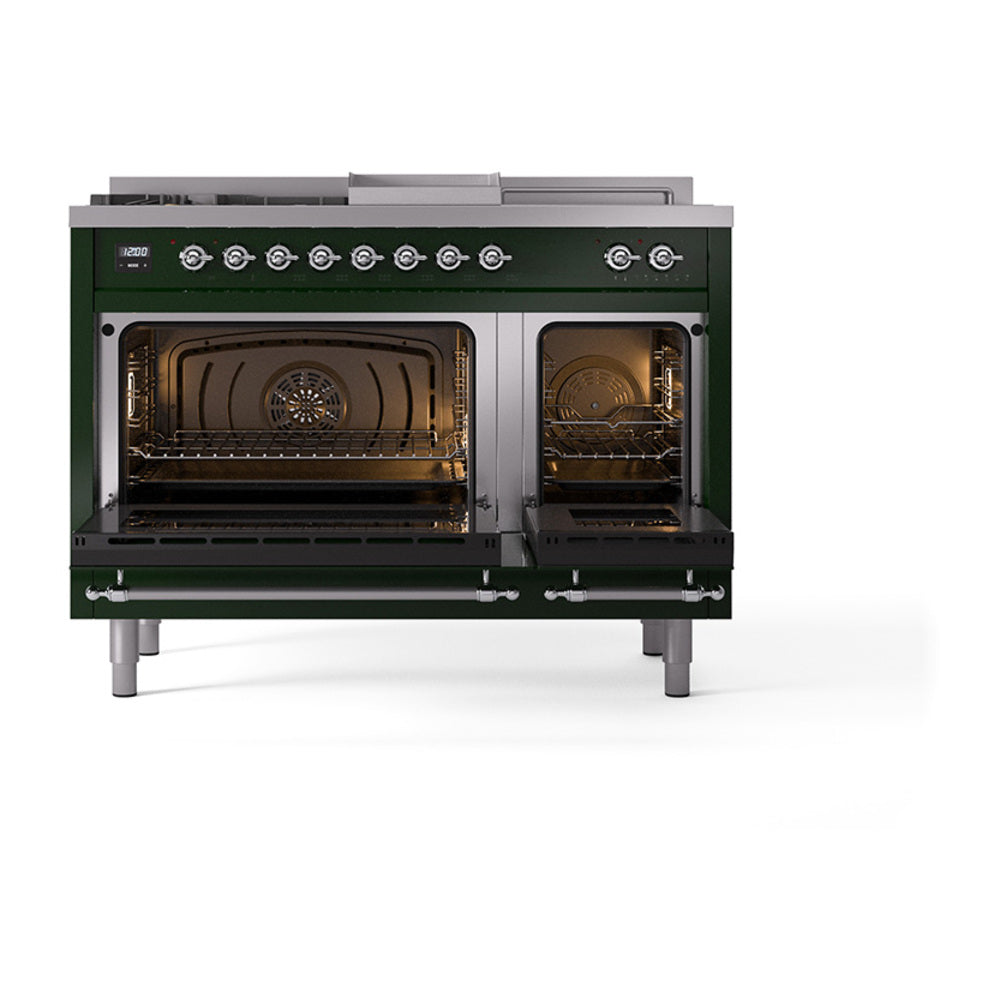 Emerald green dual fuel gas range with both oven doors open and chrome interior racks