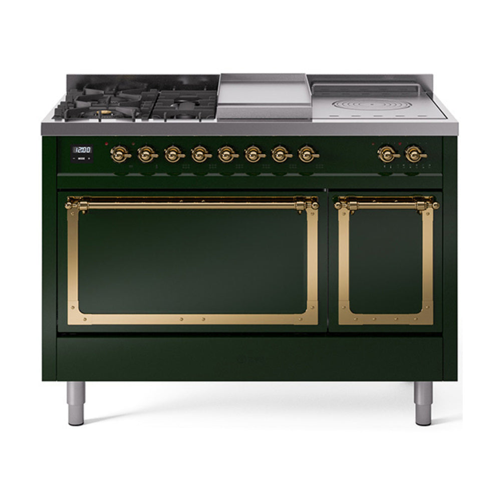 Emerald green dual fuel range front view with griddle, burners, and brass-trimmed doors