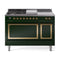 ILVE 48-Inch Nostalgie II Noblesse Natural Gas Dual Fuel Range with 5 Sealed Burners, Griddle, French Top and Solid Door Oven in Emerald Green with Brass Trim (UN48FSQNMPEGG)
