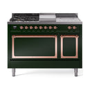 ILVE 48-Inch Nostalgie II Noblesse Propane Gas Dual Fuel Range with 5 Sealed Burners, Griddle, French Top and Solid Door Oven in Emerald Green with Copper Trim (UN48FSQNMPEGPLP)