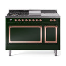 ILVE 48-Inch Nostalgie II Noblesse Natural Gas Dual Fuel Range with 5 Sealed Burners, Griddle, French Top and Solid Door Oven in Emerald Green with Copper Trim (UN48FSQNMPEGP)