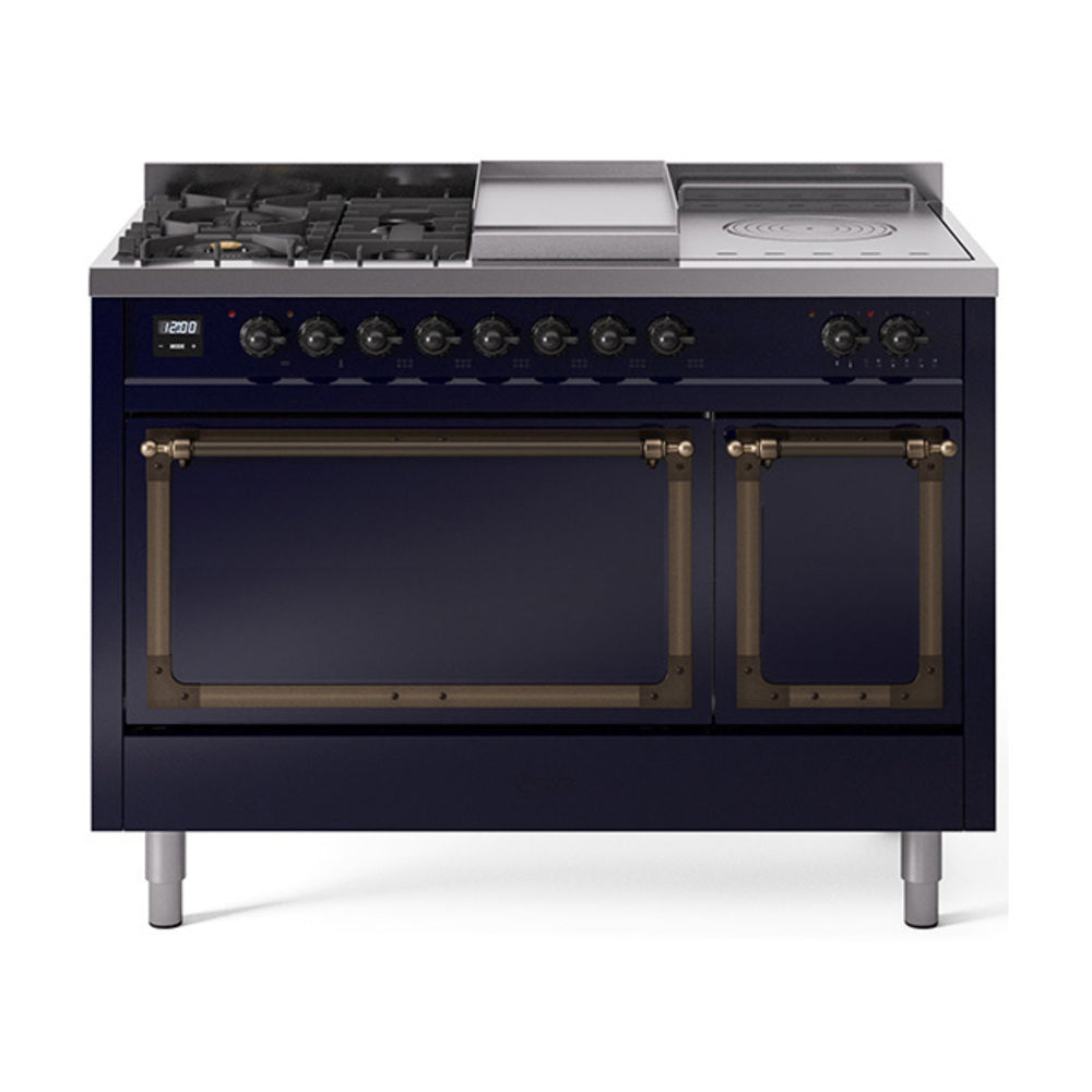 Midnight blue dual-oven gas range with five burners, griddle, and bronze-trimmed doors