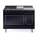 ILVE 48-Inch Nostalgie II Noblesse Propane Gas Dual Fuel Range with 5 Sealed Burners, Griddle, French Top and Solid Door Oven in Midnight Blue with Bronze Trim (UN48FSQNMPMBBLP)