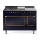 ILVE 48-Inch Nostalgie II Noblesse Natural Gas Dual Fuel Range with 5 Sealed Burners, Griddle, French Top and Solid Door Oven in Midnight Blue with Bronze Trim (UN48FSQNMPMBB)