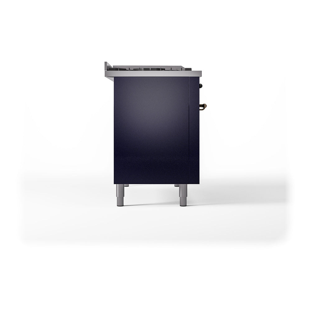 Midnight blue range with solid side panel and bronze-trimmed legs, rear connector visible