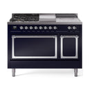 ILVE 48-Inch Nostalgie II Noblesse Propane Gas Dual Fuel Range with 5 Sealed Burners, Griddle, French Top and Solid Door Oven in Midnight Blue with Chrome Trim (UN48FSQNMPMBCLP)