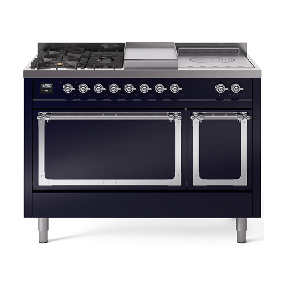Midnight blue dual-fuel range with chrome-trimmed burners, griddle, and two oven doors