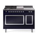 ILVE 48-Inch Nostalgie II Noblesse Natural Gas Dual Fuel Range with 5 Sealed Burners, Griddle, French Top and Solid Door Oven in Midnight Blue with Chrome Trim (UN48FSQNMPMBC)