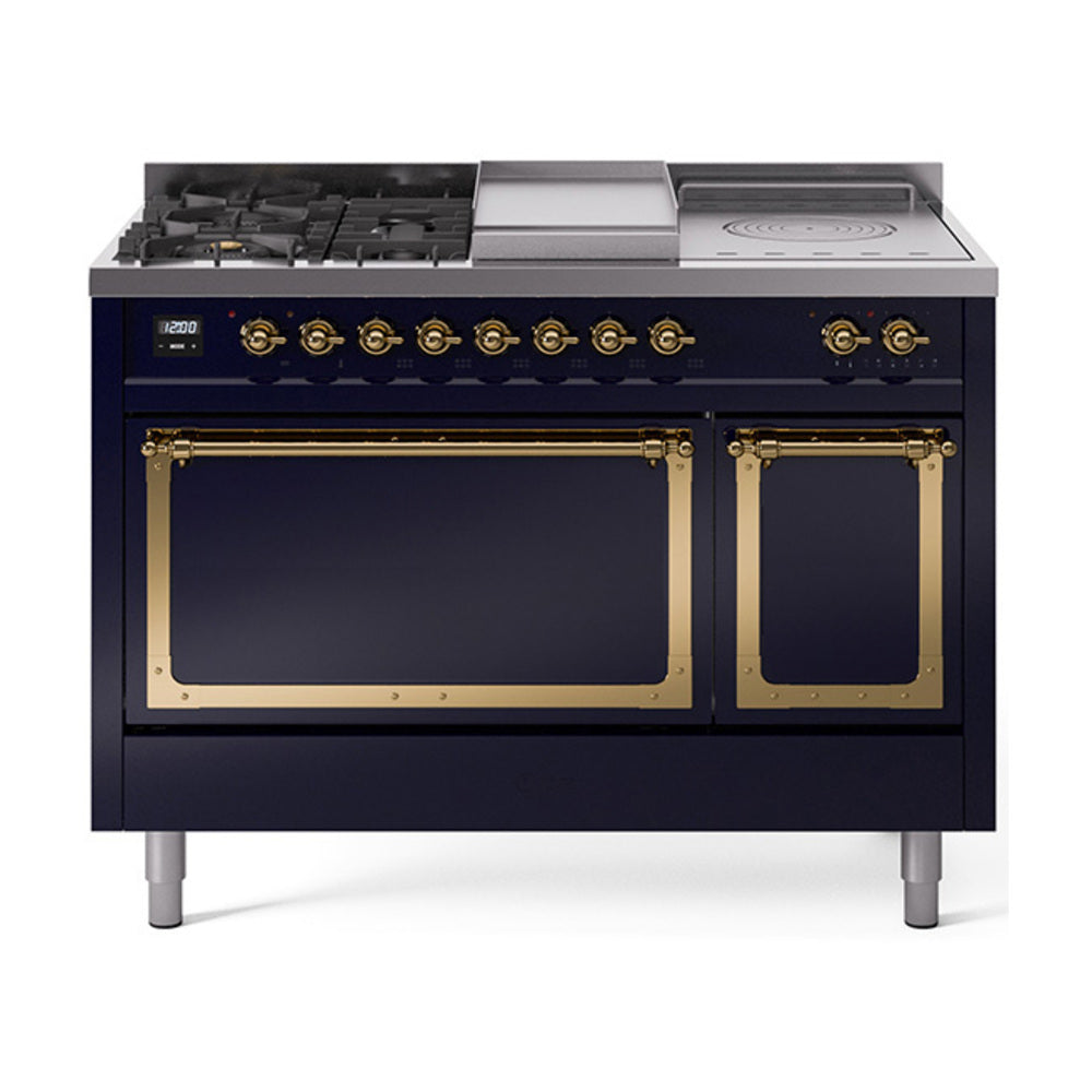 Midnight blue dual-fuel range with brass-trim control panel, griddle, and French top