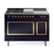 ILVE 48-Inch Nostalgie II Noblesse Natural Gas Dual Fuel Range with 5 Sealed Burners, Griddle, French Top and Solid Door Oven in Midnight Blue with Brass Trim (UN48FSQNMPMBG)