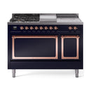 ILVE 48-Inch Nostalgie II Noblesse Natural Gas Dual Fuel Range with 5 Sealed Burners, Griddle, French Top and Solid Door Oven in Midnight Blue with Copper Trim (UN48FSQNMPMBP)