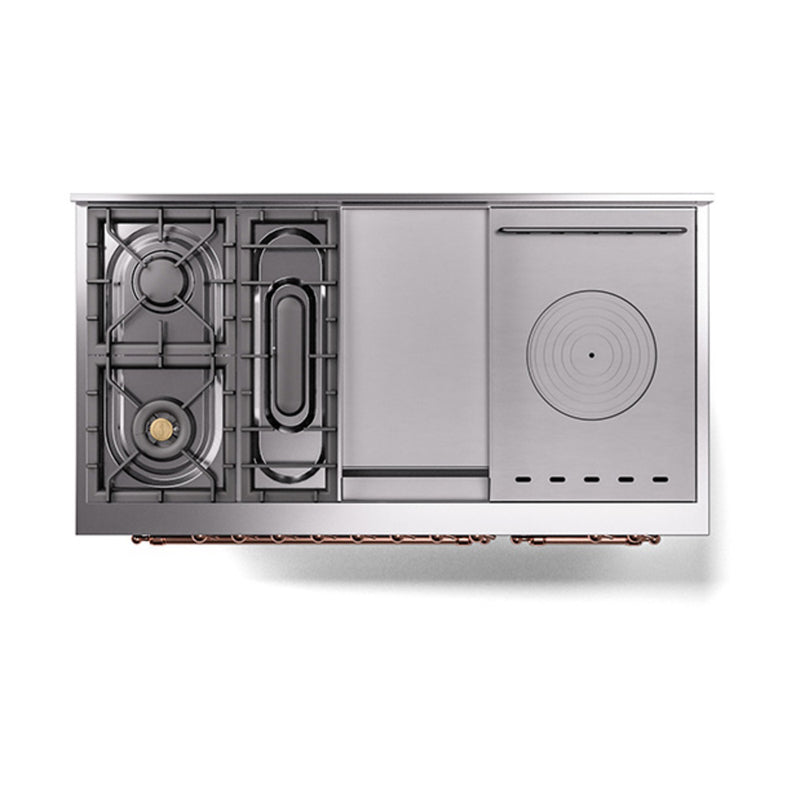 ILVE 48-Inch Nostalgie II Noblesse Dual Fuel Range with 5 Sealed Burners, Griddle, French Top and Solid Door Oven in Midnight Blue with Copper Trim (UN48FSQNMPMBP)