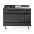 ILVE 48-Inch Nostalgie II Noblesse Propane Gas Dual Fuel Range with 5 Sealed Burners, Griddle, French Top and Solid Door Oven in Matte Graphite with Bronze Trim (UN48FSQNMPMGBLP)